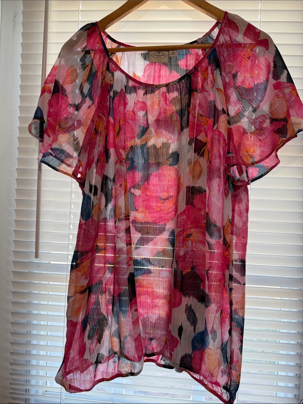 St. John's Bay Sheer Floral Blouse in Pink and Navy